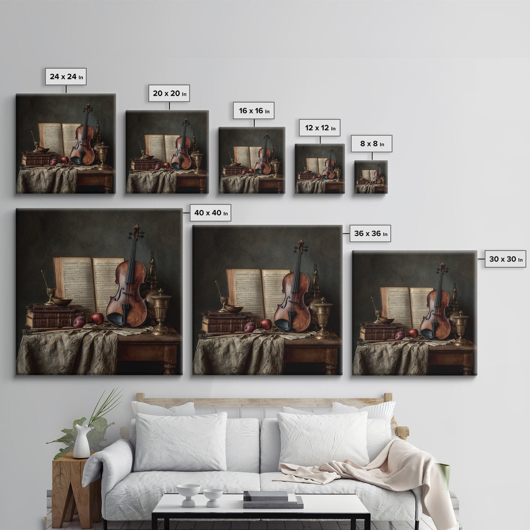 Baroque Violin and Sheet Music Still Life Framed Canvas Print, Baroque Art, Digital Wall Art, Living Room Decor, Ornate, BAO-1x1-11