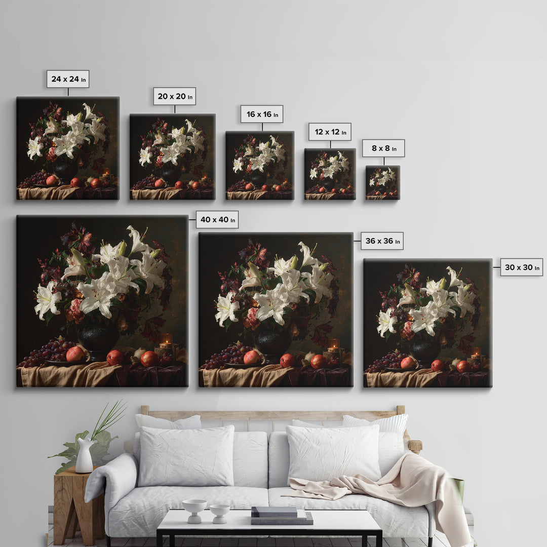 Dramatic White Lilies Framed Canvas Print, Baroque Art, Painting, Living Room Decor, Fine Art, Ornate, Living Room Wall Art, BAO-1x1-12