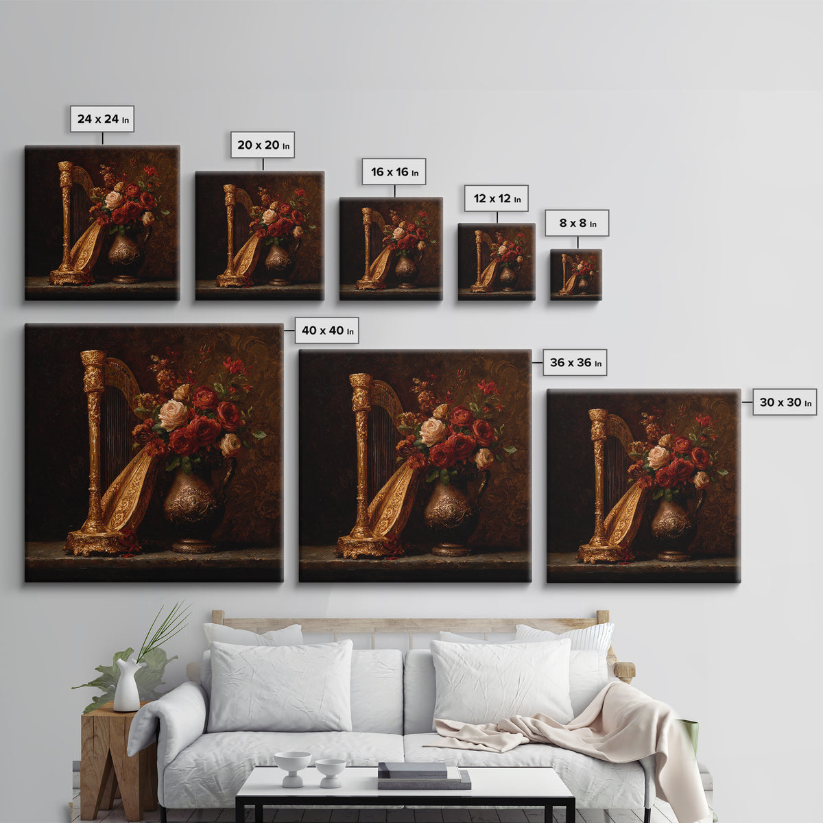 Golden Harp and Roses Canvas Print, Baroque Art, Printable Art, Living Room Decor, Ornate, Gallery Wall, Dark Academia Art, BAO-1x1-18