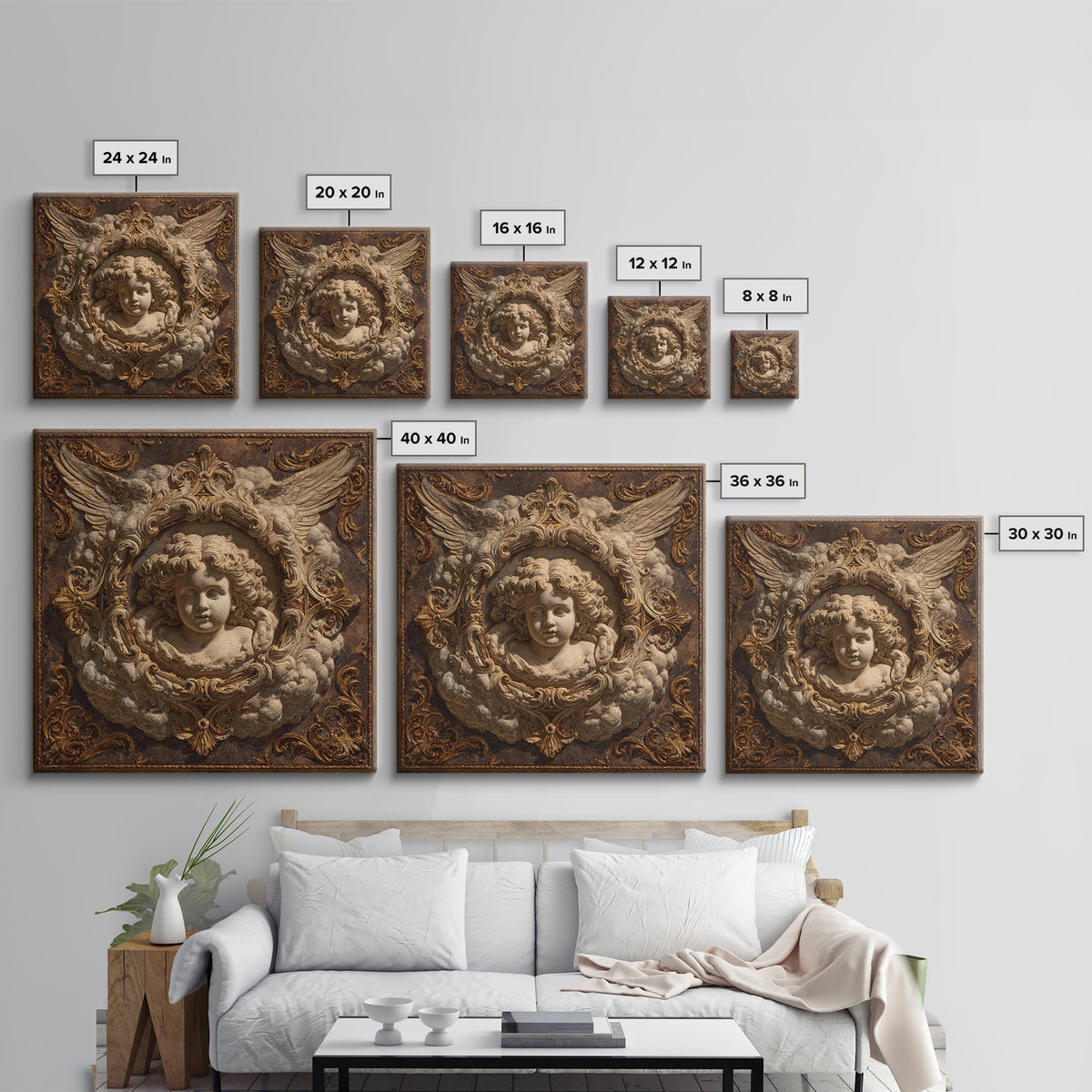 Ornate Cherub Figure Surrounded by Clouds and Framed Canvas Print, Baroque Art, Whimsical Decor, Living Room Decor, Ornate, BAO-1x1-2