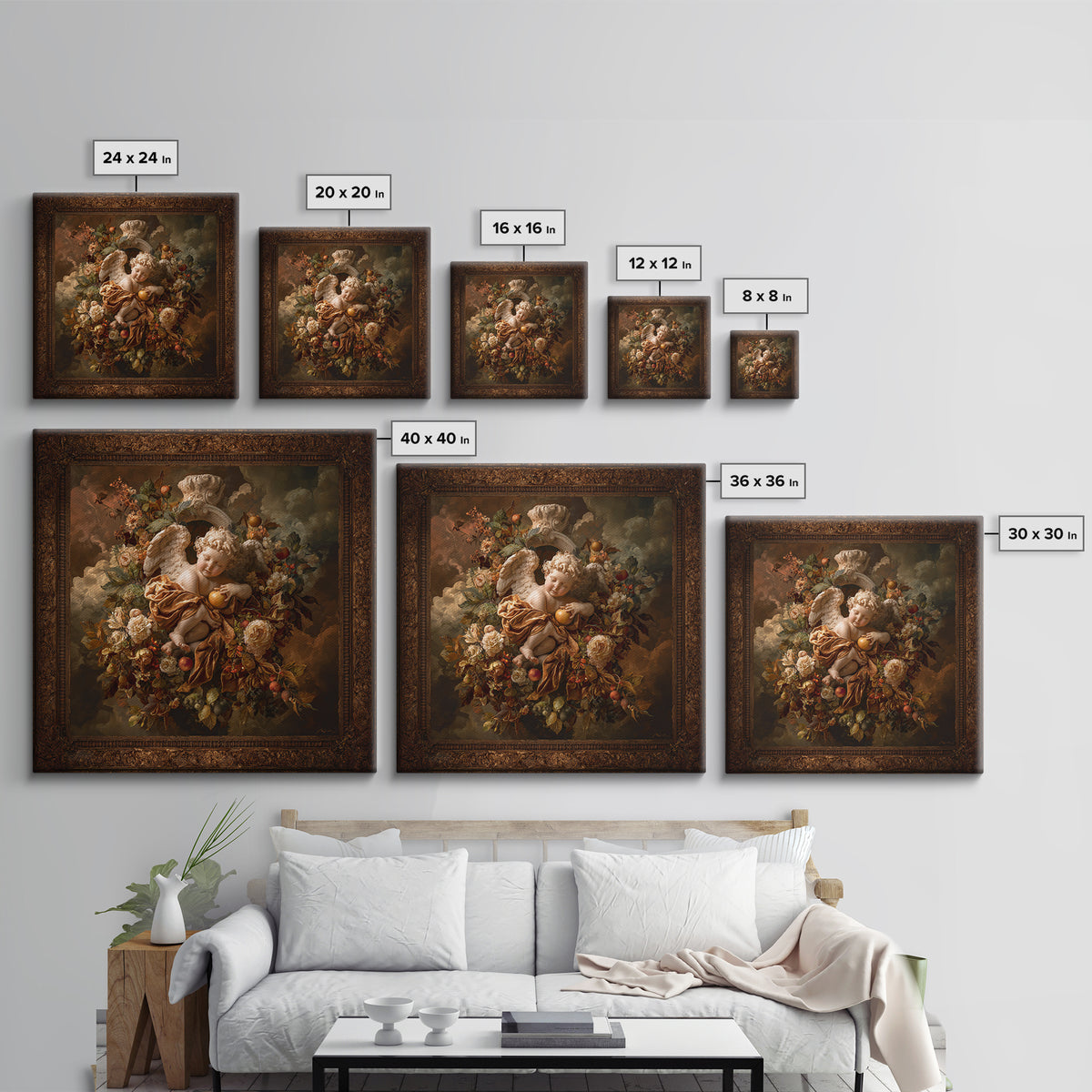 Ornate Cherub Figure Surrounded by Clouds and Canvas Print, Baroque Art, Moody Wall Art, Living Room Decor, Fine Art, Ornate, BAO-1x1-26