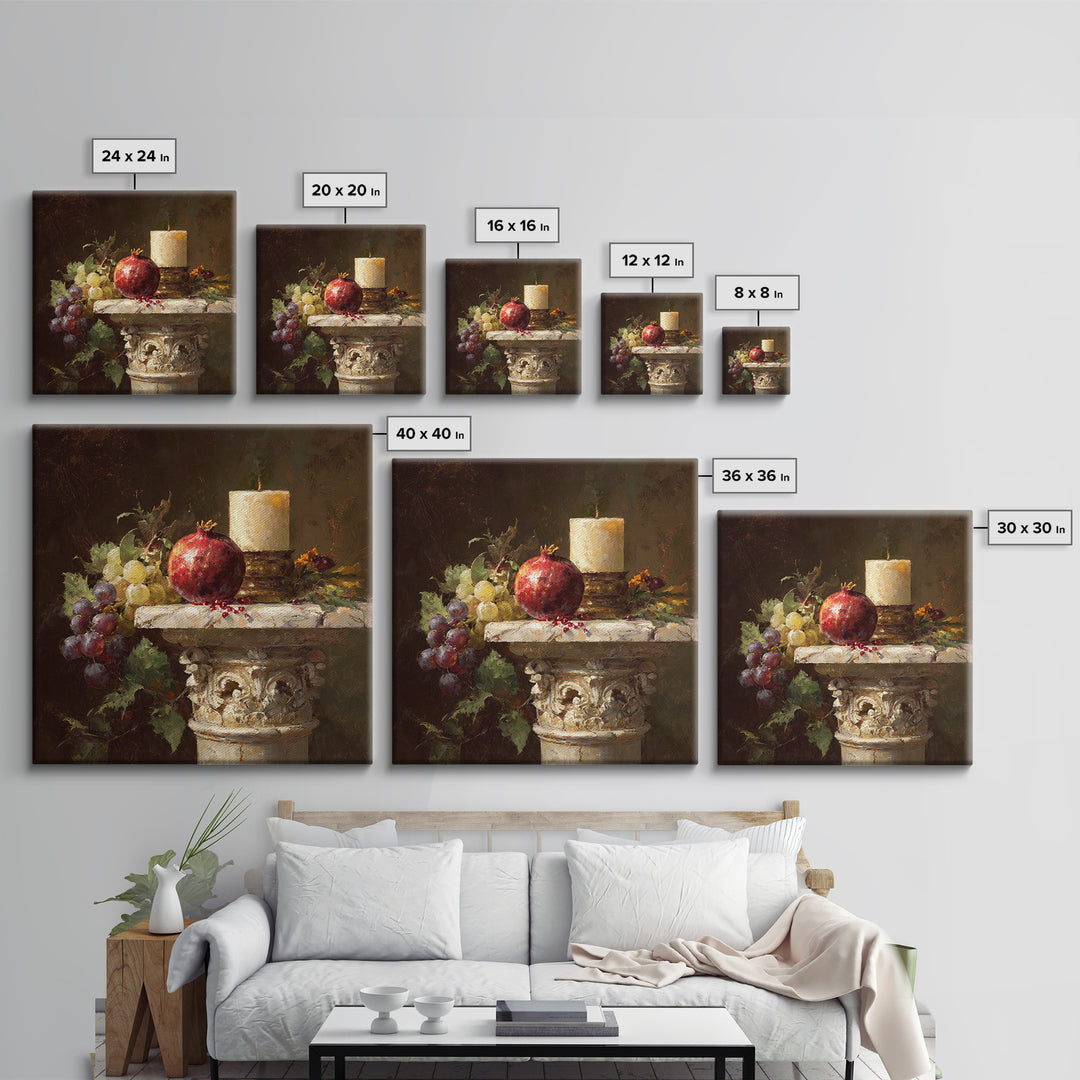 Pomegranate and Grapes on a Marble Ledge Framed Canvas Print, Baroque Art, Home Decor, Living Room Decor, Fine Art, Ornate, BAO-1x1-32