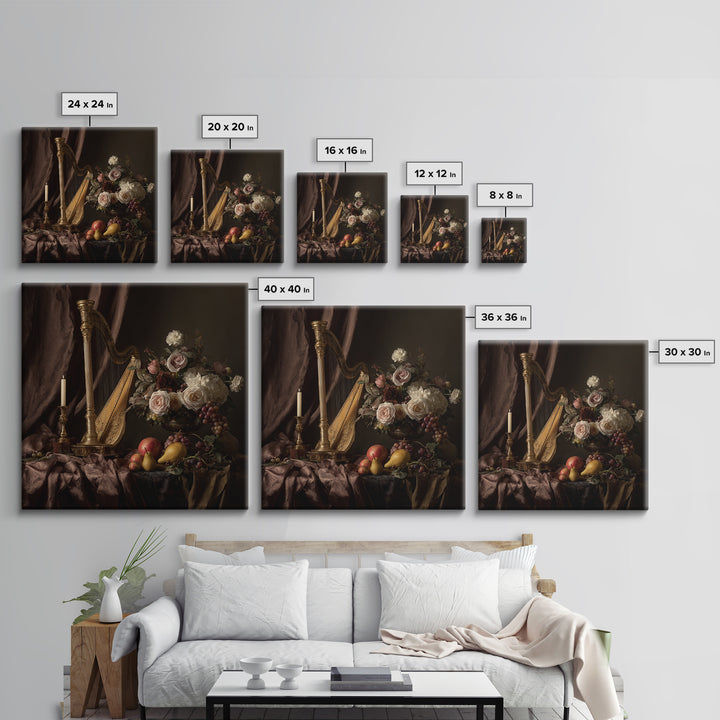 Golden Harp and Roses Framed Canvas Print, Baroque Art, Modern Wall Art, Living Room Decor, Abstract Art, Ornate, Feminist Art, BAO-1x1-42