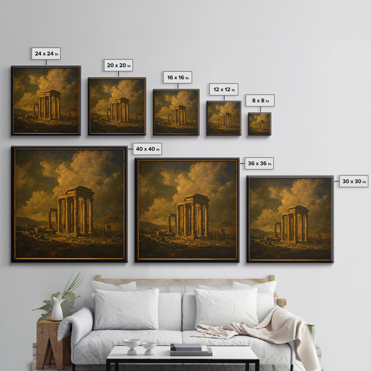 Classical Ruins Beneath a Dramatic Sky Framed Canvas Print, Baroque Art, Living Room Wall Art, Living Room Decor, Oil Painting, BAO-1x1-43