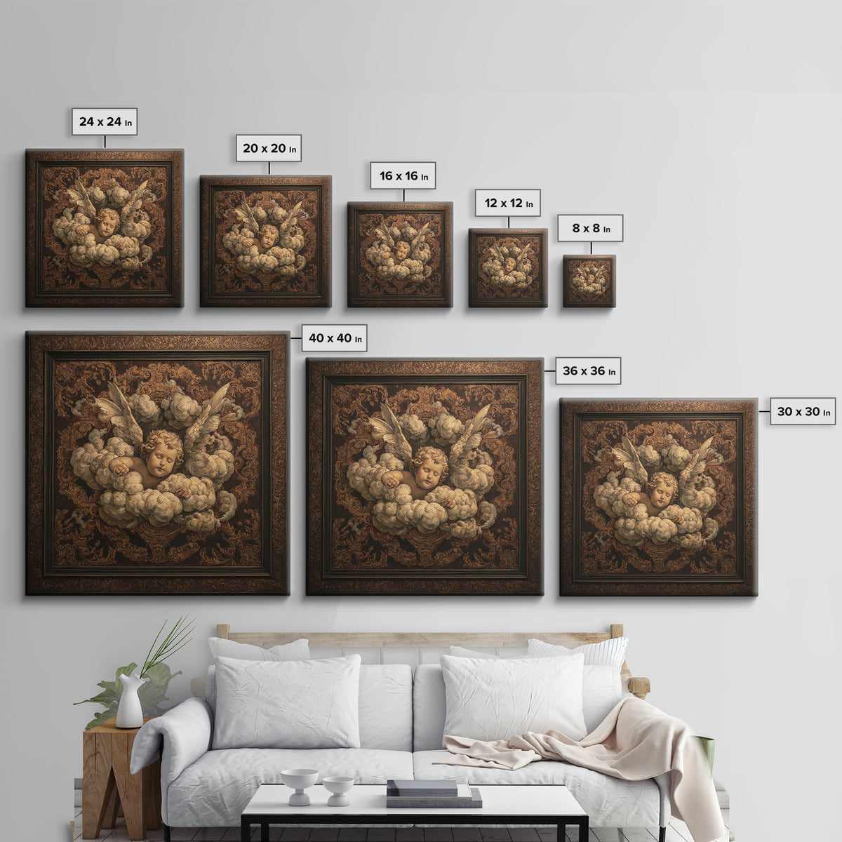 Ornate Cherub Figure Surrounded by Clouds and Canvas Print, Baroque Art, Moody Wall Art, Living Room Decor, Fine Art, Ornate, BAO-1x1-50