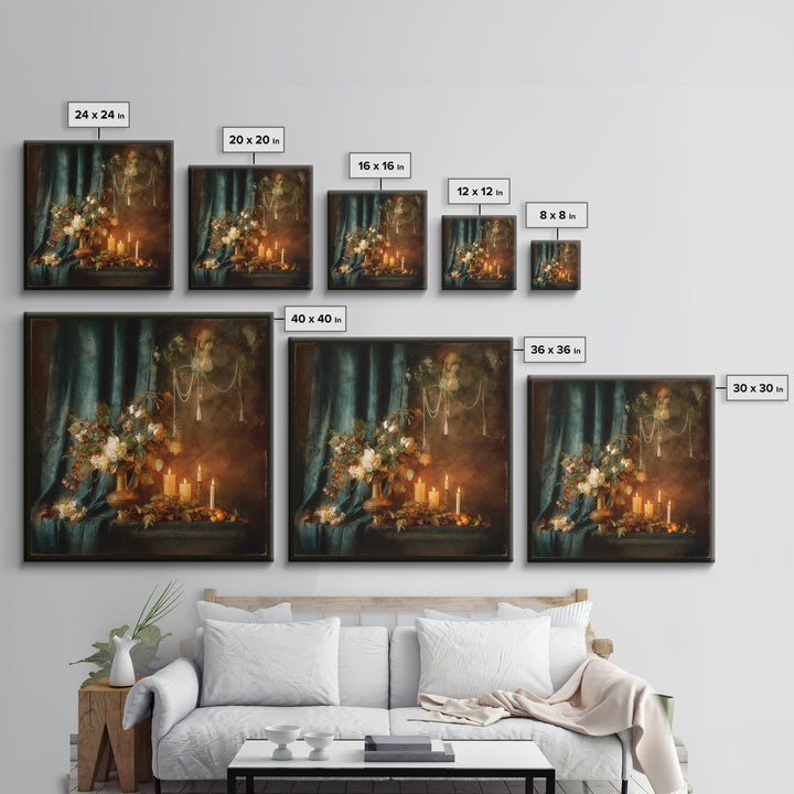 Velvet Drapery with Pearls Flowers and Candlelight Canvas Print, Baroque Art, Maximalist Decor, Living Room Decor, Ornate, BAO-1x1-51