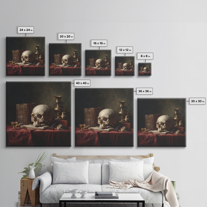 Skull and Hourglass Vanitas Still Life Framed Canvas Print, Baroque Art, Dark Academia Art, Living Room Decor, Fine Art, Ornate, BAO-1x1-53