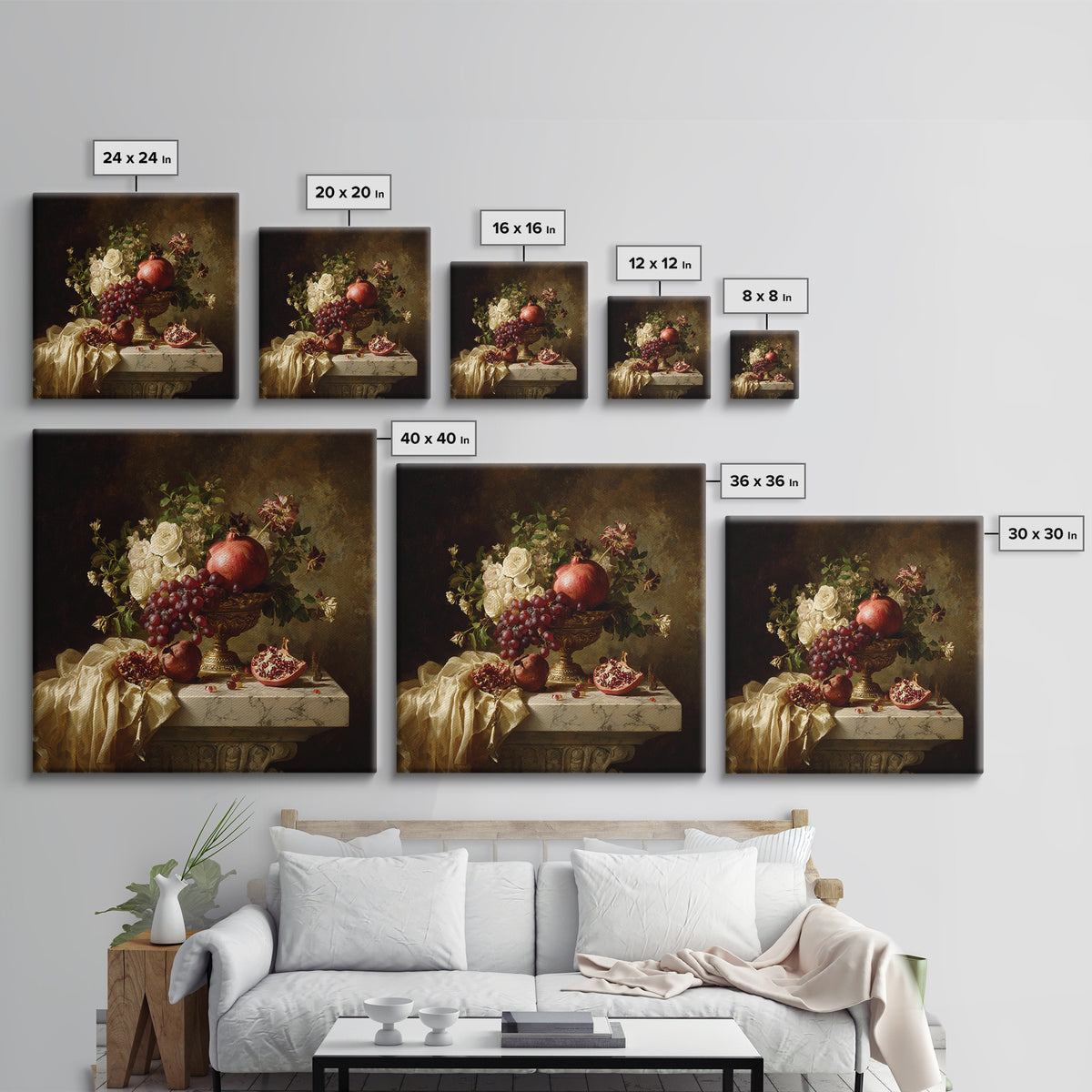 Pomegranate and Grapes on a Marble Ledge Framed Canvas Print, Baroque Art, Digital Wall Art, Living Room Decor, Ornate, BAO-1x1-56