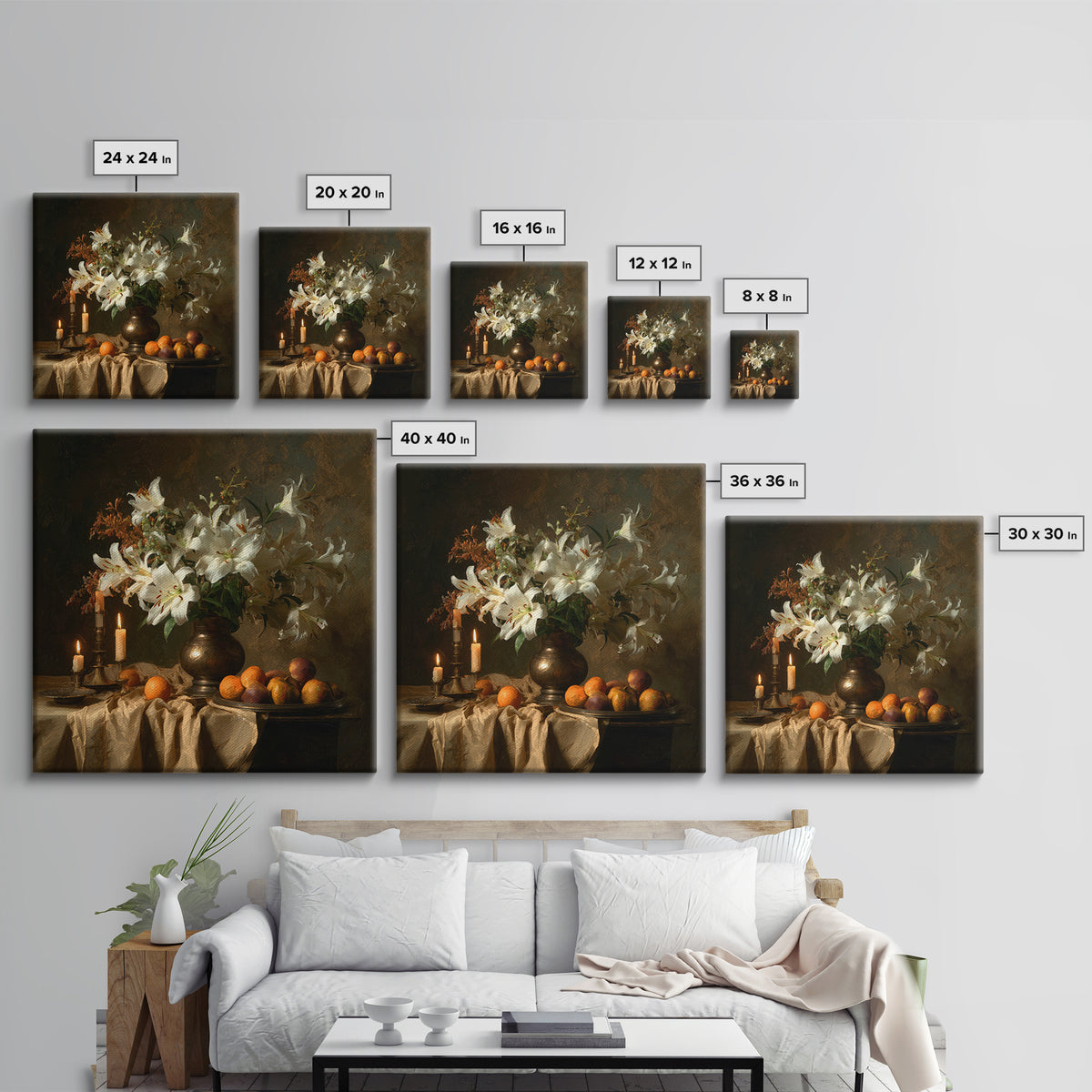 Dramatic White Lilies Canvas Print, Baroque Art, Portrait Painting, Living Room Decor, Fine Art, Ornate, Neutral Decor, BAO-1x1-60