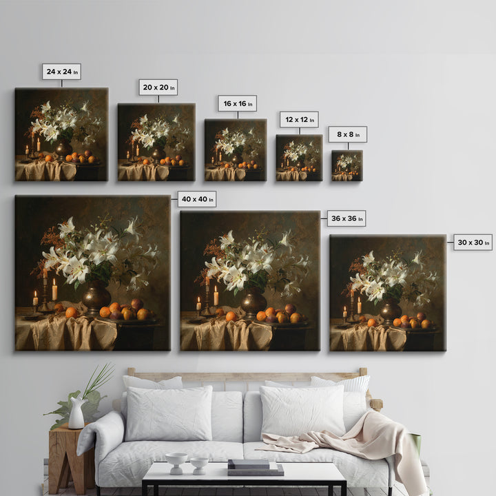 Dramatic White Lilies Canvas Print, Baroque Art, Portrait Painting, Living Room Decor, Fine Art, Ornate, Neutral Decor, BAO-1x1-60