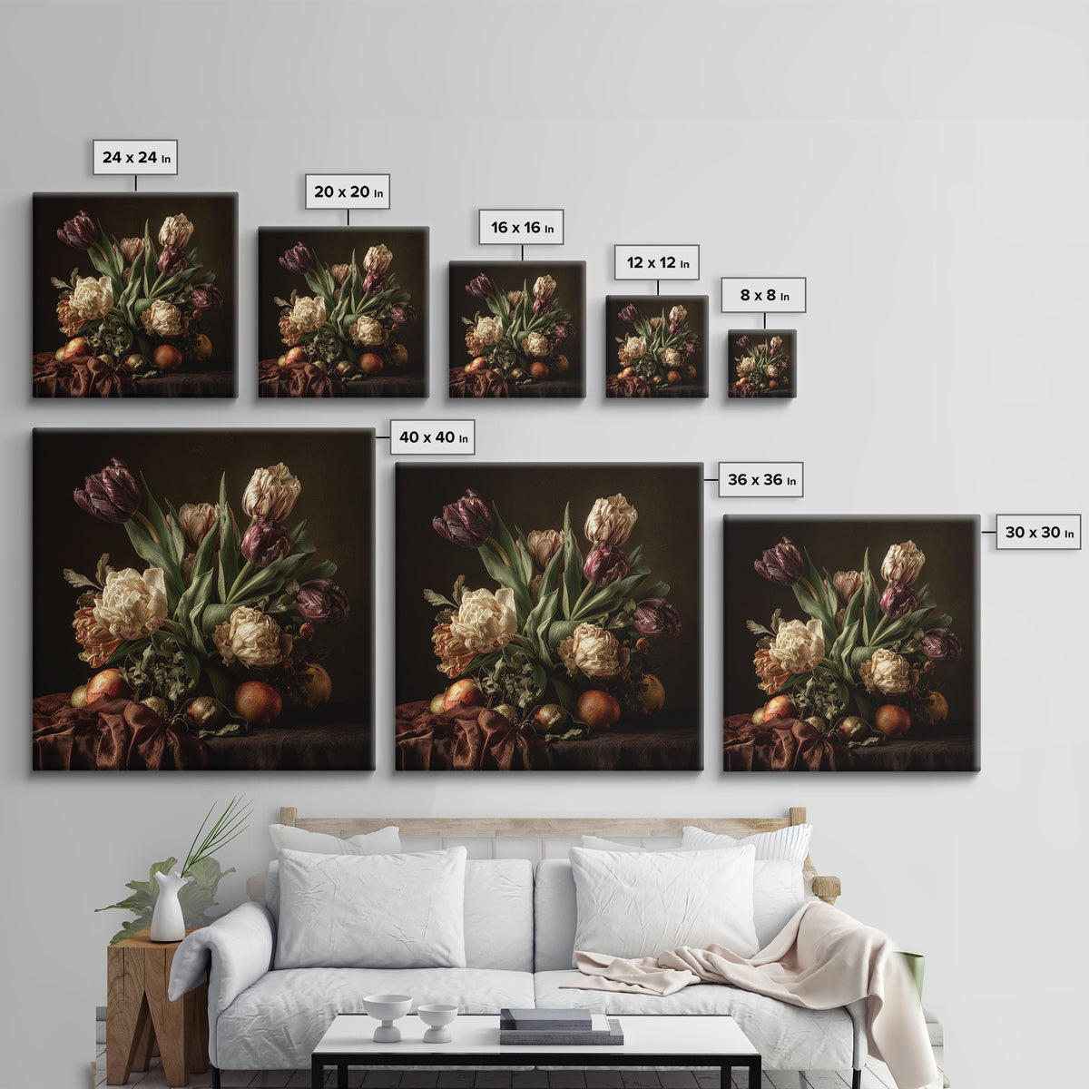 Black Background Tulips Framed Canvas Print, Baroque Art, Living Room Wall Art, Living Room Decor, Ornate, Art Nouveau Decor, BAO-1x1-64