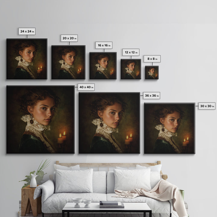 Classical Portrait with Lace Collar and Jewel Framed Canvas Print, Baroque Art, Oil Painting, Living Room Decor, Ornate, BAO-1x1-7