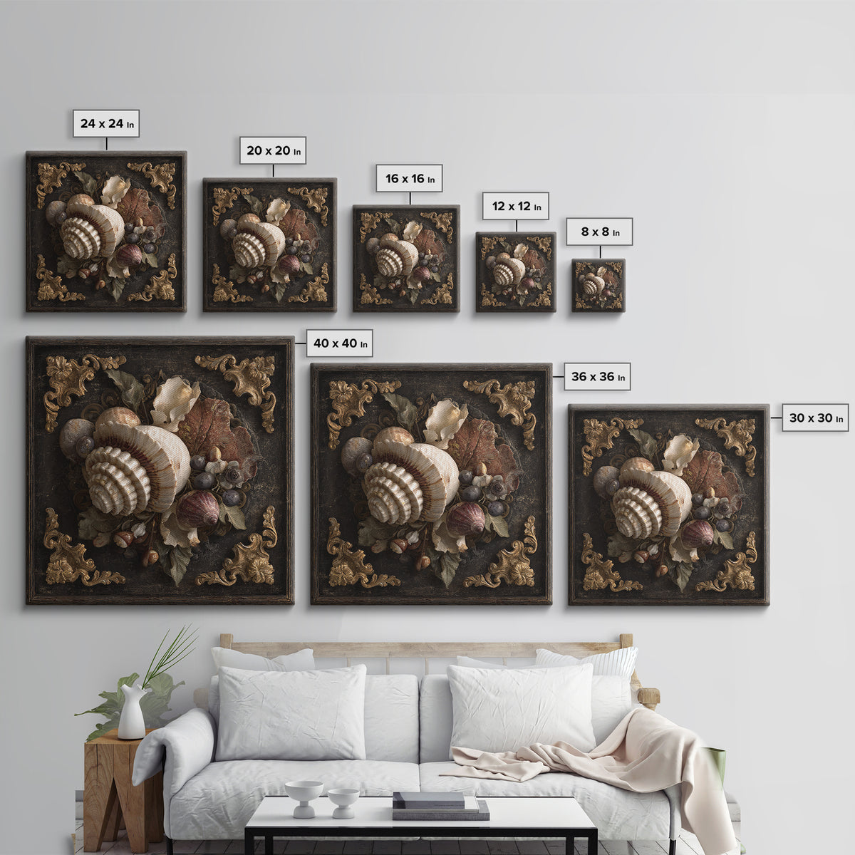 Ornamental Shell and Pearl Composition Framed Canvas Print, Baroque Art, Living Room Wall Art, Living Room Decor, Ornate, BAO-1x1-70