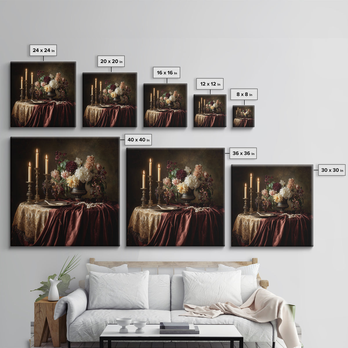 Velvet Drapery with Pearls Flowers and Candlelight Canvas Print, Baroque Art, Baroque, Living Room Decor, Fine Art, Ornate, BAO-1x1-75