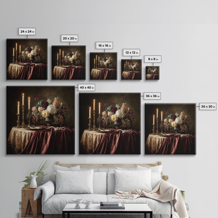 Velvet Drapery with Pearls Flowers and Candlelight Canvas Print, Baroque Art, Baroque, Living Room Decor, Fine Art, Ornate, BAO-1x1-75