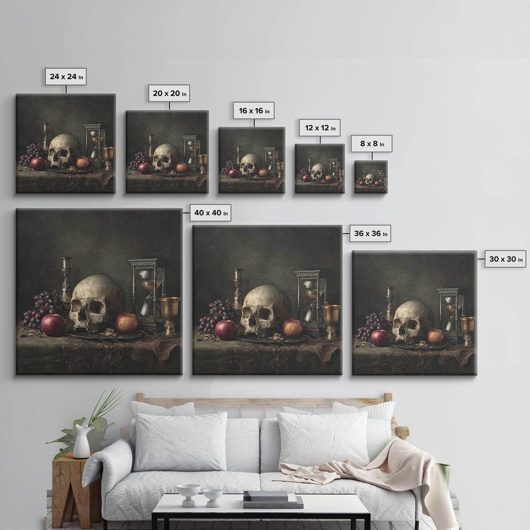 Skull and Hourglass Vanitas Still Life Canvas Print, Baroque Art, Art Nouveau Decor, Living Room Decor, Fine Art, Ornate, BAO-1x1-77