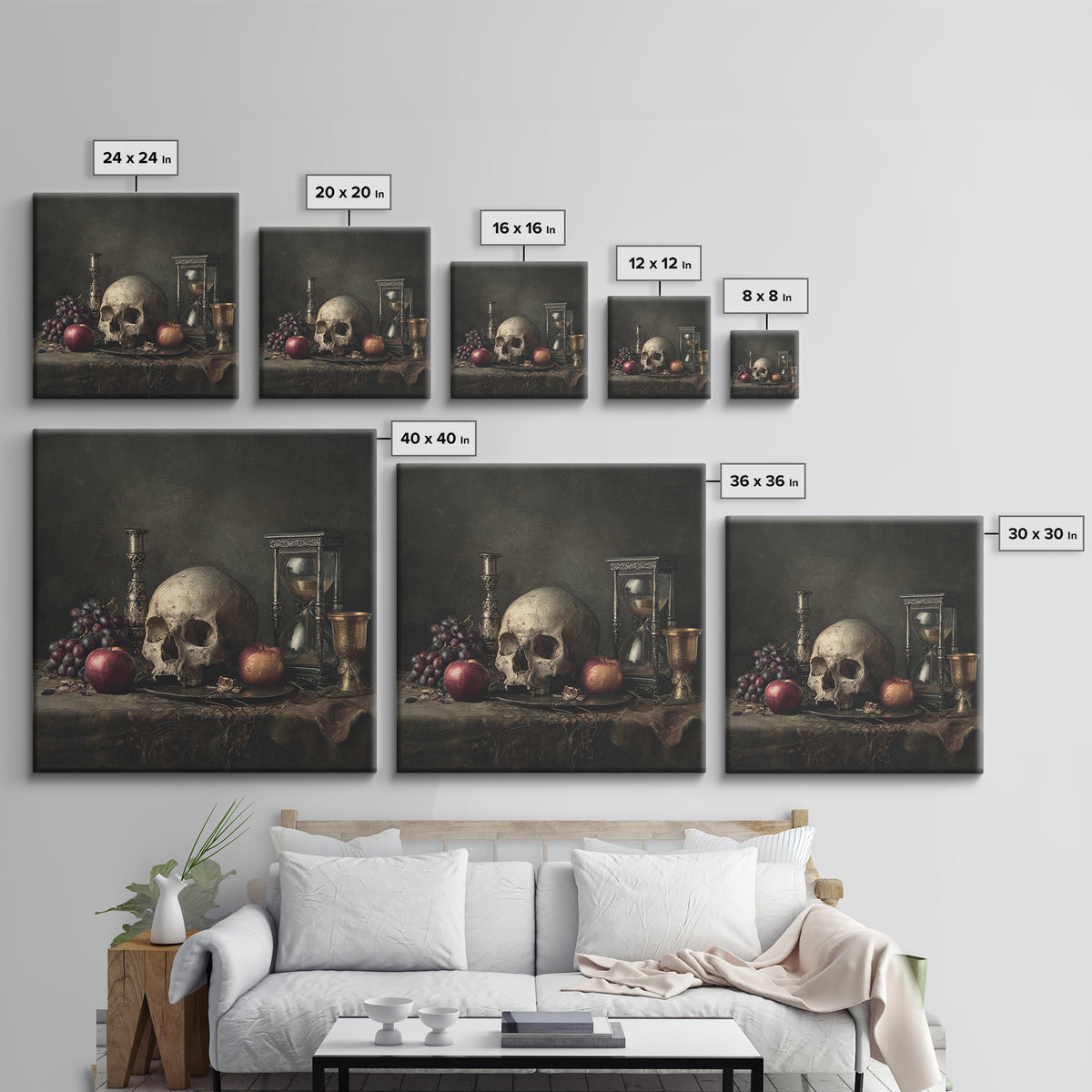 Skull and Hourglass Vanitas Still Life Canvas Print, Baroque Art, Art Nouveau Decor, Living Room Decor, Fine Art, Ornate, BAO-1x1-77