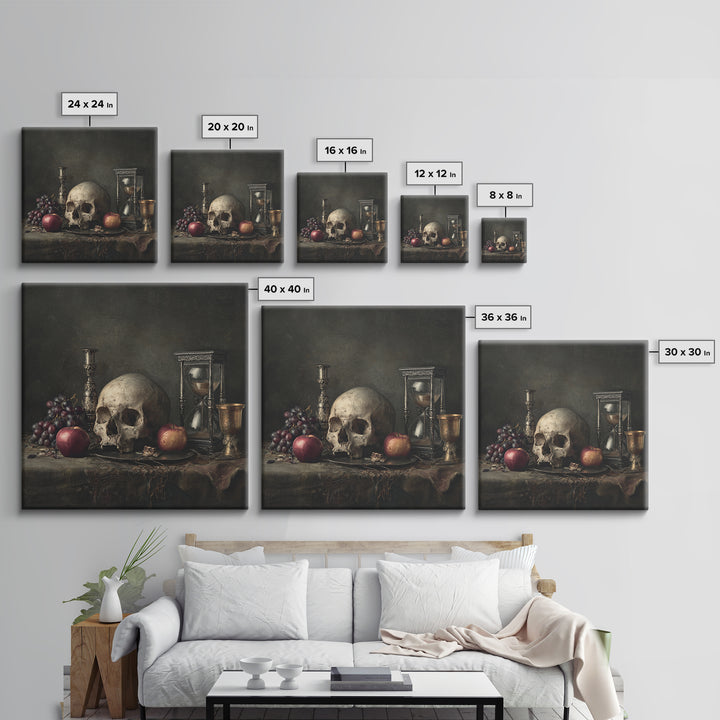 Skull and Hourglass Vanitas Still Life Canvas Print, Baroque Art, Art Nouveau Decor, Living Room Decor, Fine Art, Ornate, BAO-1x1-77