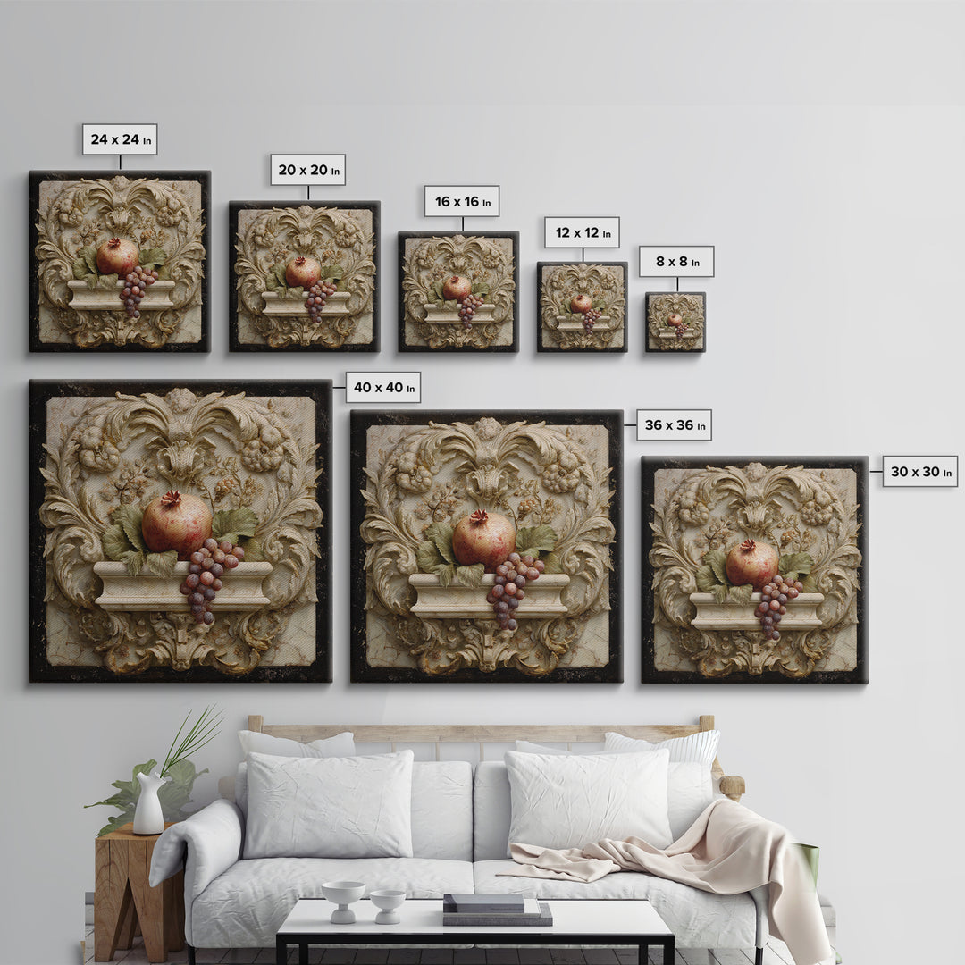 Pomegranate and Grapes on a Marble Ledge Framed Canvas Print, Baroque Art, Home Decor, Living Room Decor, Fine Art, Ornate, BAO-1x1-80