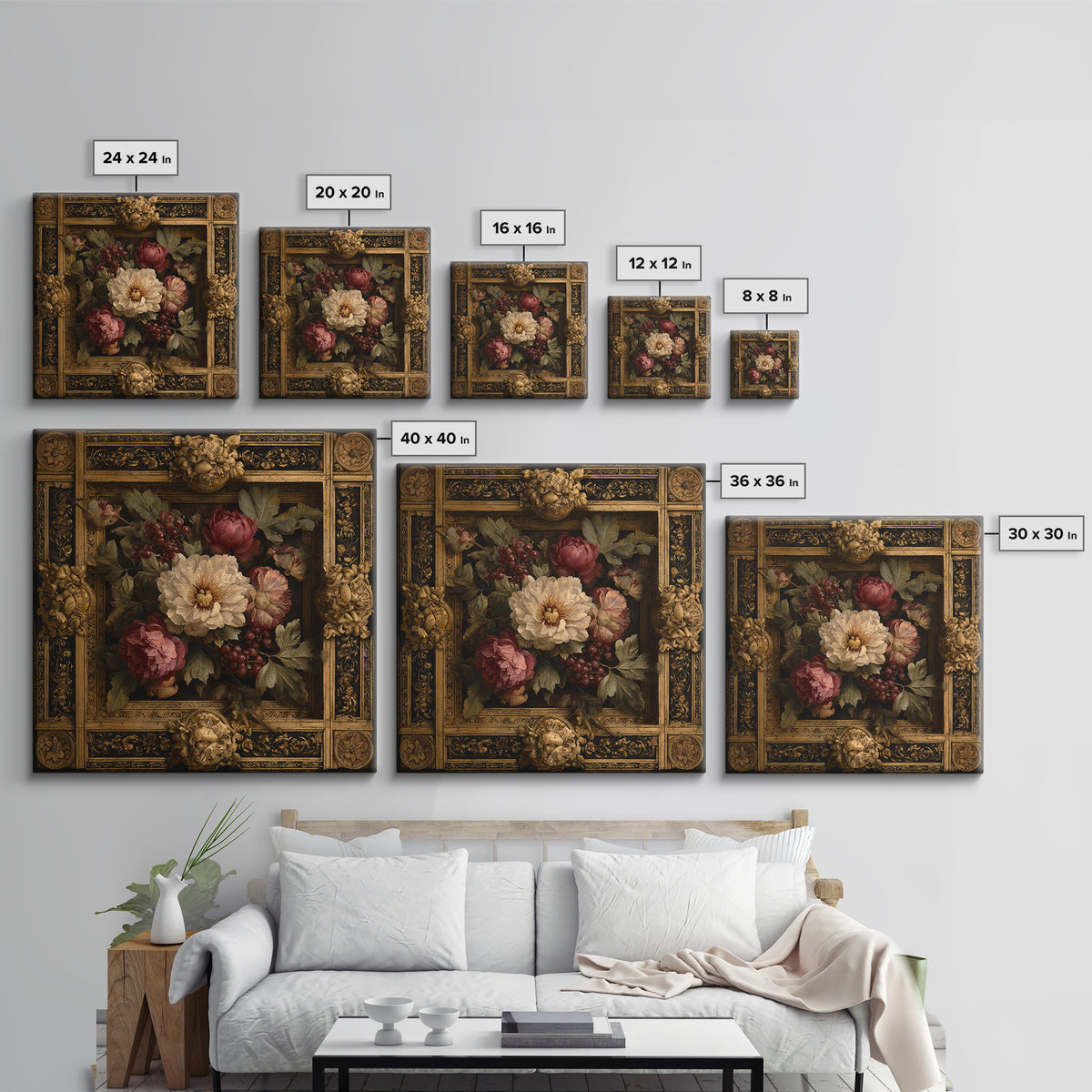Ornate Gold Frame Illusion Around a Botanical Canvas Print, Baroque Art, Minimalist Wall Art, Living Room Decor, Ornate, BAO-1x1-9