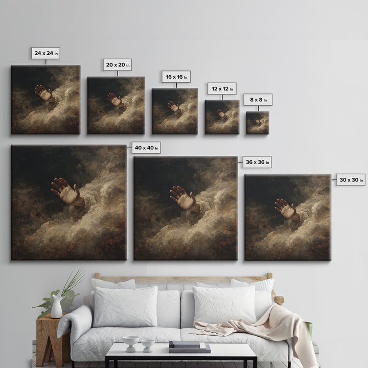 Angelic Hand Reaching Through Clouds Framed Canvas Print, Baroque Art, Maximalist Wall Art, Living Room Decor, Oil Painting, BAO-1x1-93
