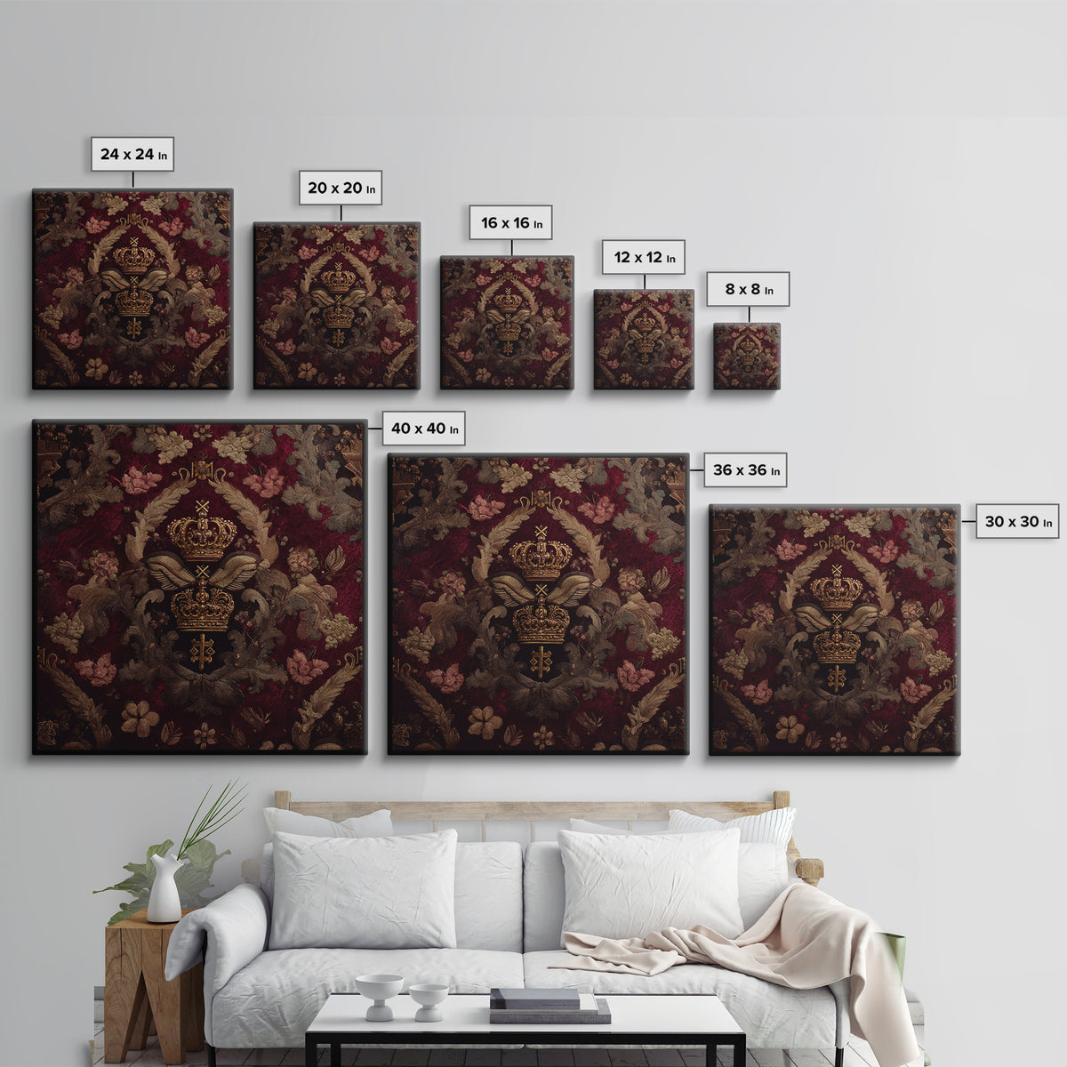 Dark Red Velvet Canvas Print, Baroque Art, Art Nouveau Decor, Living Room Decor, Fine Art, Ornate, Art Print, Textured Painting, BAO-1x1-95