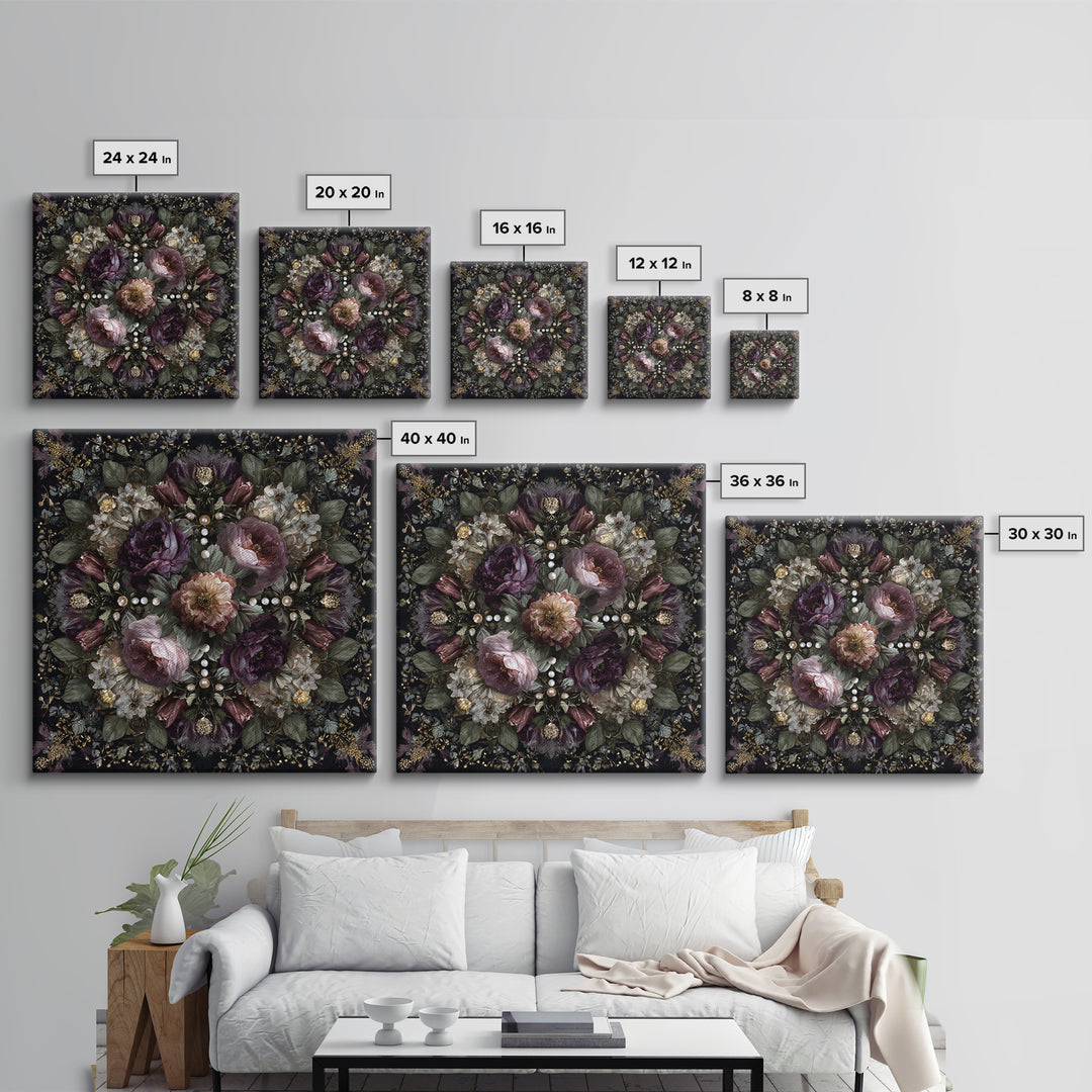 Velvet Drapery with Pearls Flowers and Candlelight Canvas Print, Baroque Art, Living Room Decor, Oil Painting, Ornate, BAO-1x1-99