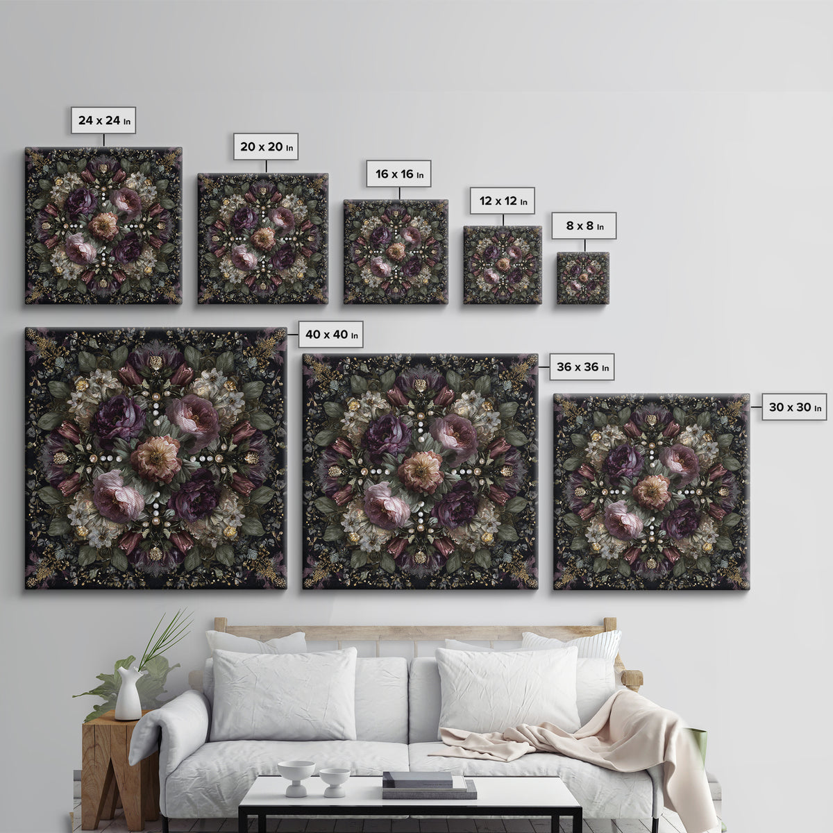 Velvet Drapery with Pearls Flowers and Candlelight Canvas Print, Baroque Art, Living Room Decor, Oil Painting, Ornate, BAO-1x1-99