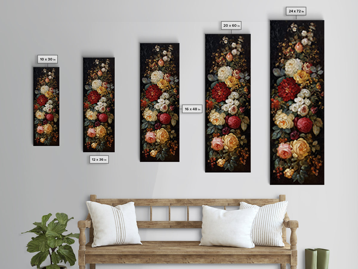 Dark Floral Arrangement Canvas Print, Baroque Art, Gallery Wall, Living Room Decor, Ornate, Neutral Decor, Modern Decor, BAO-1x3-16