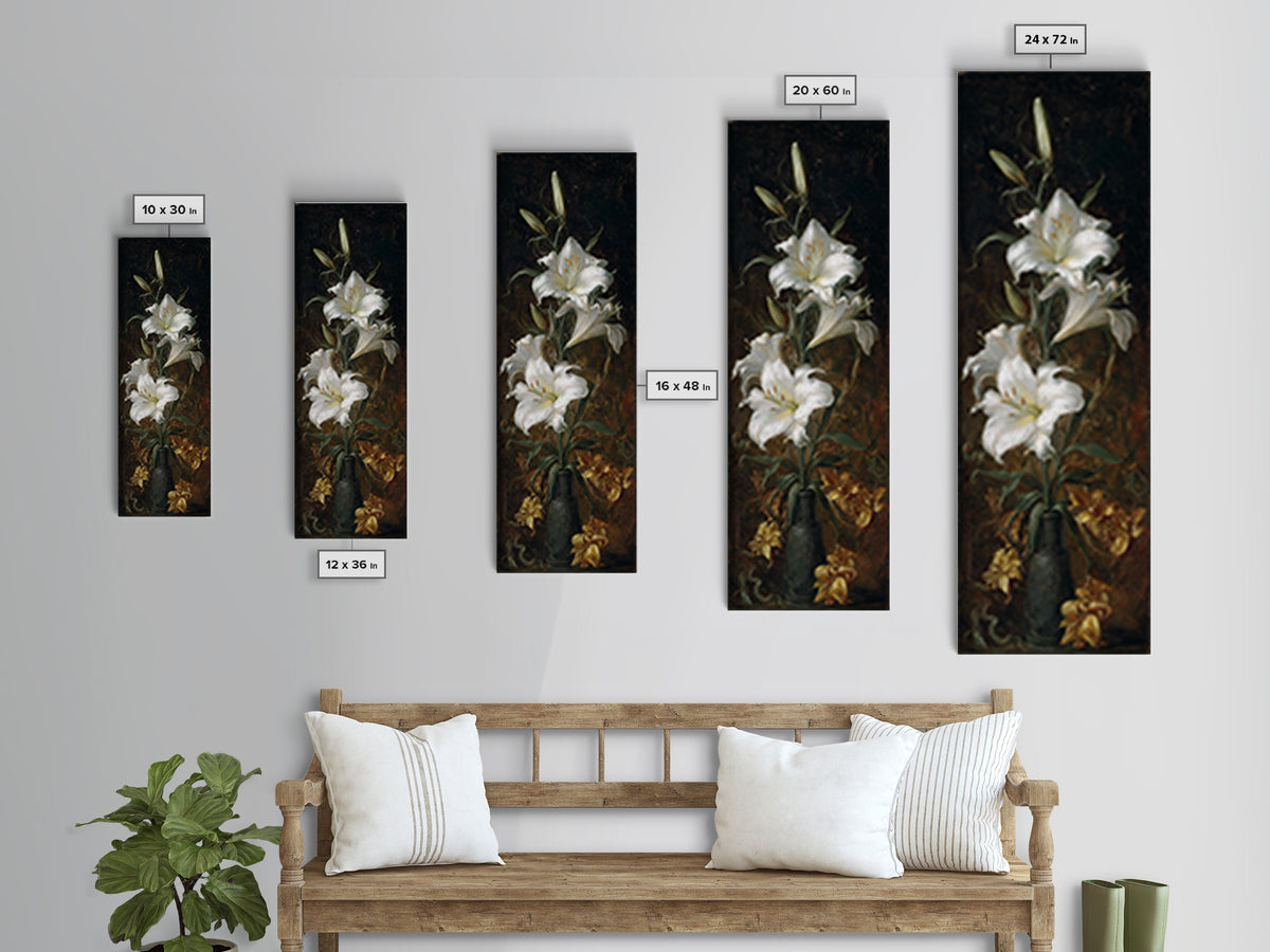 Dramatic White Lilies Framed Canvas Print, Baroque Art, Maximalist Decor, Living Room Decor, Fine Art, Ornate, Fine Art Print, BAO-1x3-24