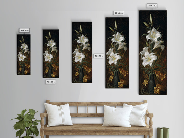 Dramatic White Lilies Framed Canvas Print, Baroque Art, Maximalist Decor, Living Room Decor, Fine Art, Ornate, Fine Art Print, BAO-1x3-24