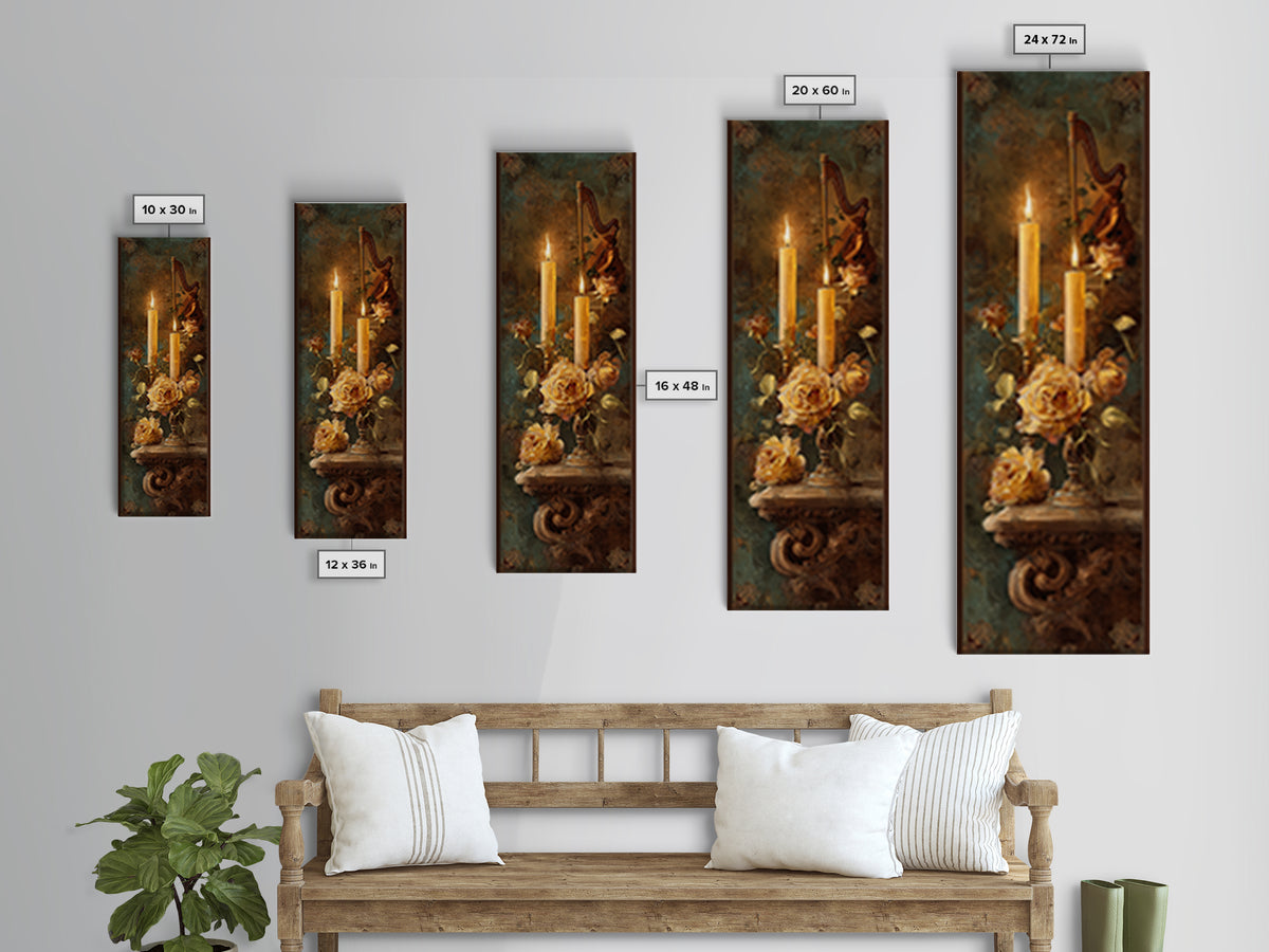 Golden Harp and Roses Framed Canvas Print, Baroque Art, Modern Wall Art, Living Room Decor, Oil Painting, Ornate, Feminist Art, BAO-1x3-54