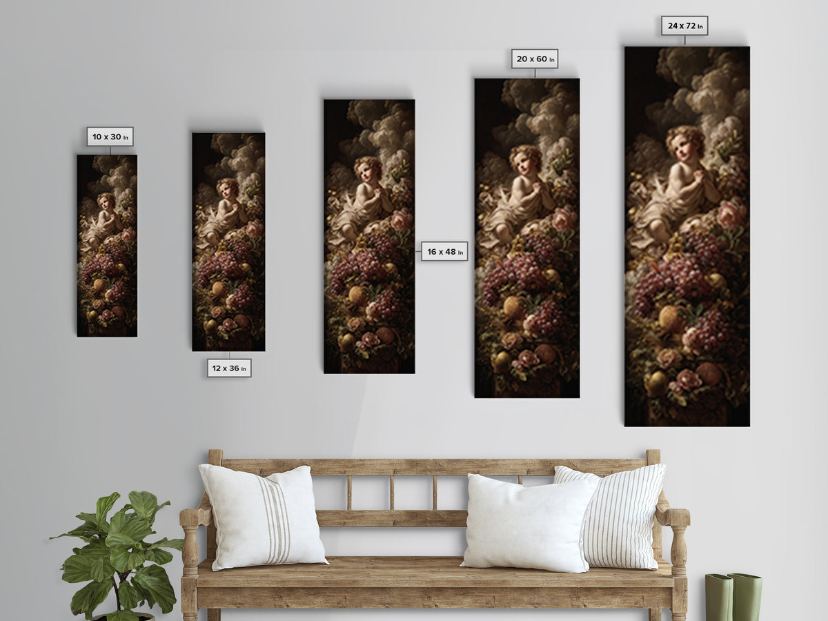 Ornate Cherub Figure Surrounded by Clouds and Framed Canvas Print, Baroque Art, Dark Academia Art, Living Room Decor, Ornate, BAO-1x3-62
