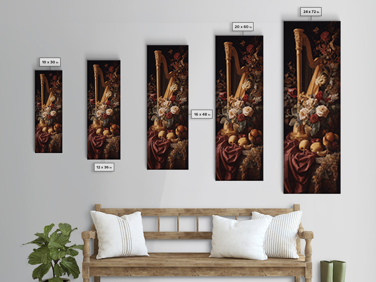 Golden Harp and Roses Canvas Print, Baroque Art, Portrait Painting, Living Room Decor, Fine Art, Ornate, Neutral Decor, BAO-1x3-78