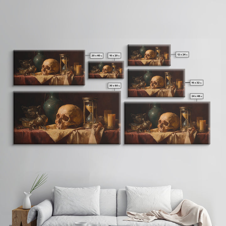 Skull and Hourglass Vanitas Still Life Framed Canvas Print, Baroque Art, Neutral Decor, Living Room Decor, Fine Art, Ornate, BAO-2x1-1