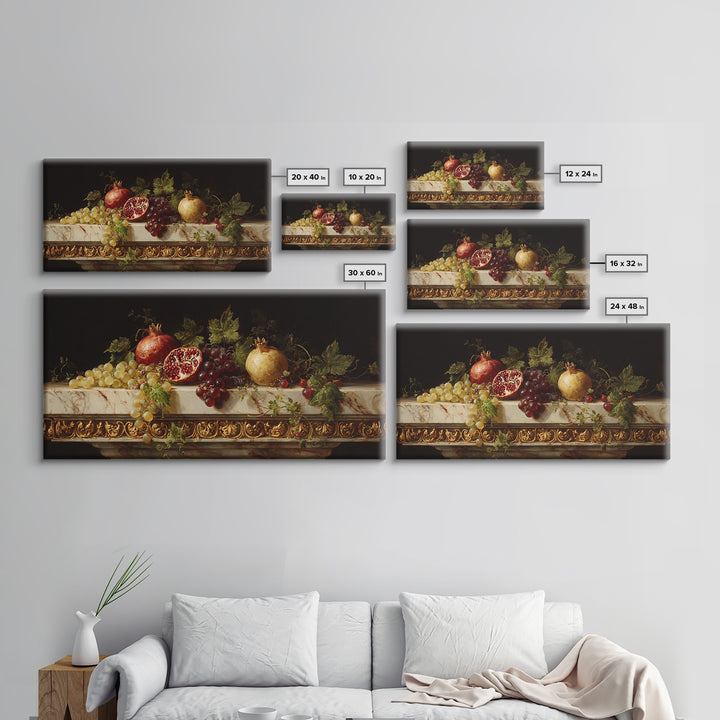 Pomegranate and Grapes on a Marble Ledge Framed Canvas Print, Baroque Art, Textured Painting, Living Room Decor, Ornate, BAO-2x1-28