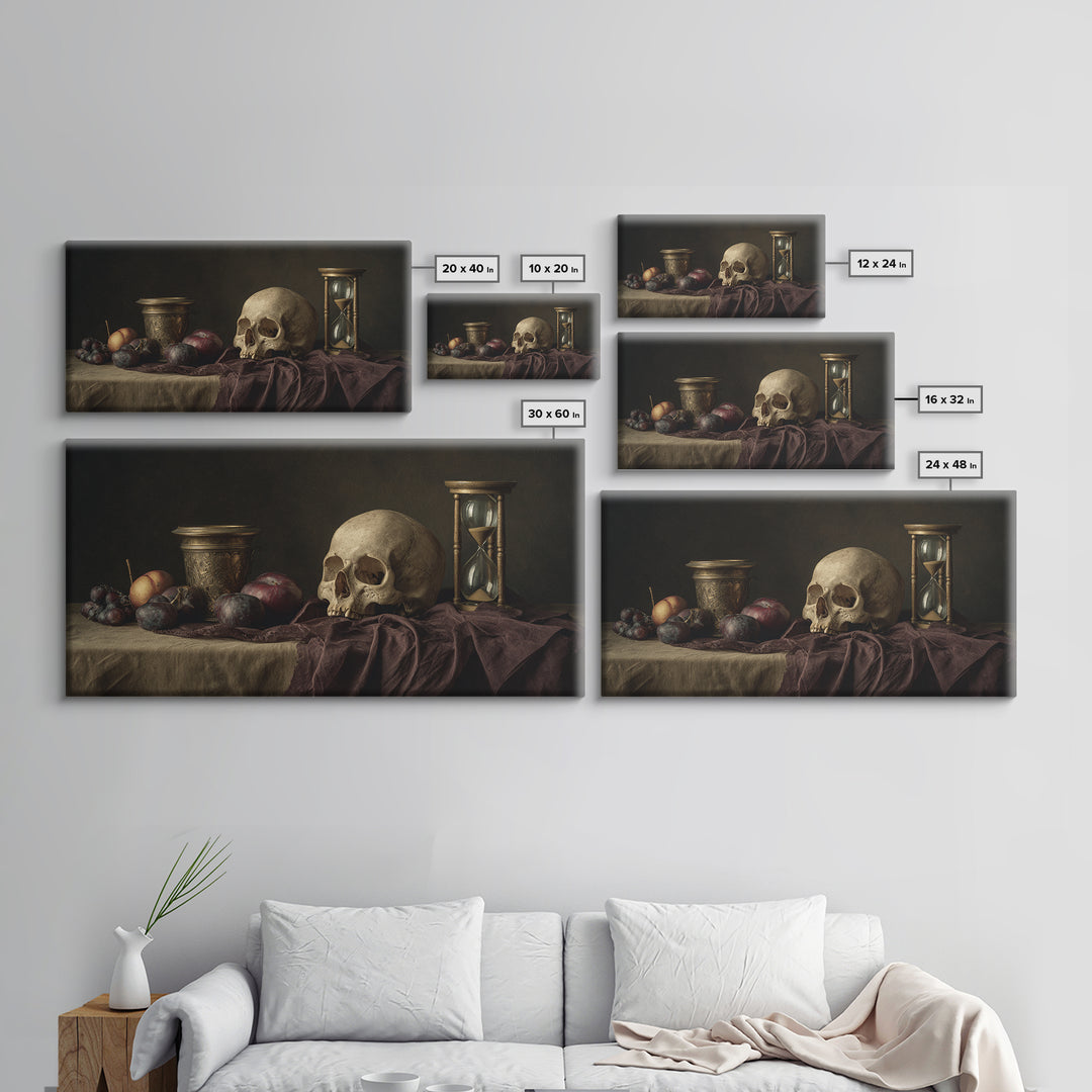 Skull and Hourglass Vanitas Still Life Canvas Print, Baroque Art, Luxury Decor, Living Room Decor, Ornate, Oil Painting, BAO-2x1-49