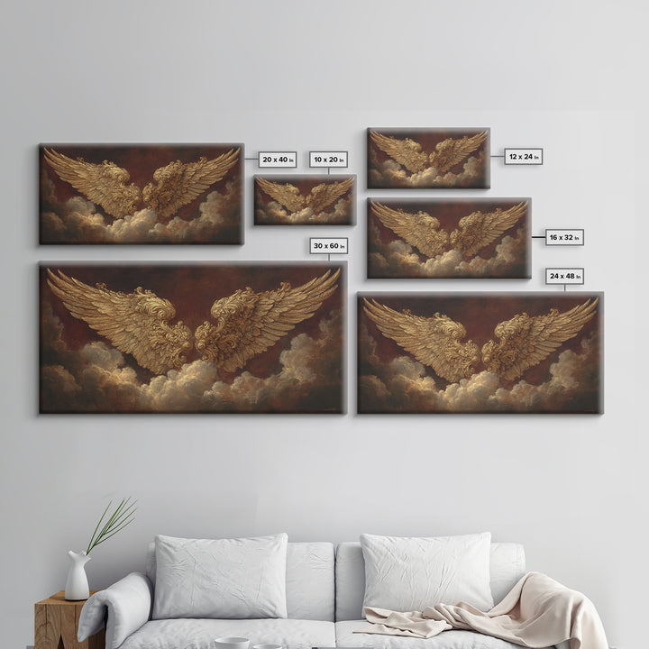 Gilded Angel Wings Emerging from Storm Clouds Framed Canvas Print, Baroque Art, Modern Decor, Living Room Decor, Ornate, BAO-2x1-50