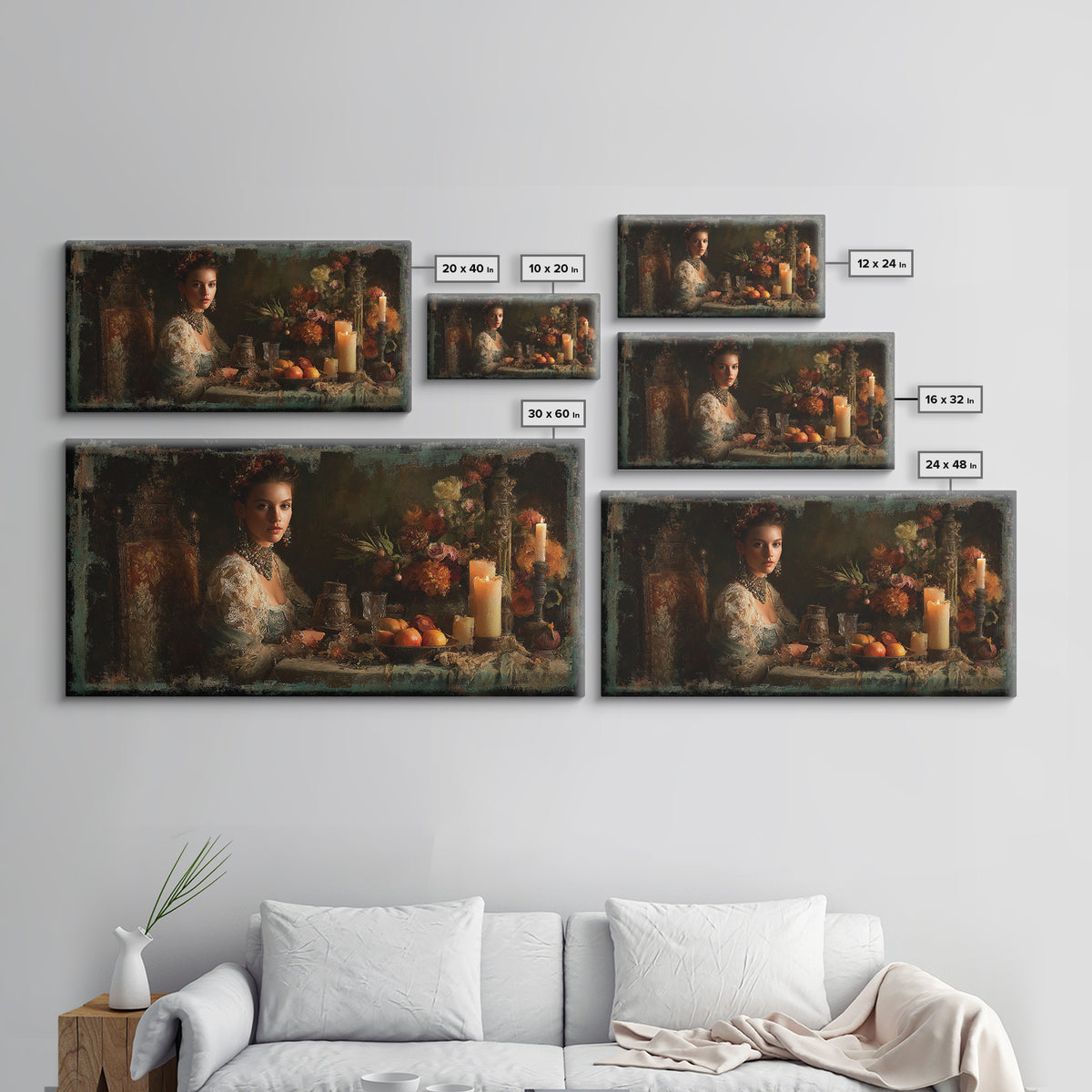 Classical Portrait with Lace Collar and Jewel Framed Canvas Print, Baroque Art, Oil Painting, Living Room Decor, Ornate, BAO-2x1-51