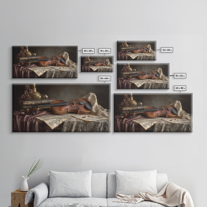 Baroque Violin and Sheet Music Still Life Framed Canvas Print, Baroque Art, Digital Wall Art, Living Room Decor, Ornate, BAO-2x1-55