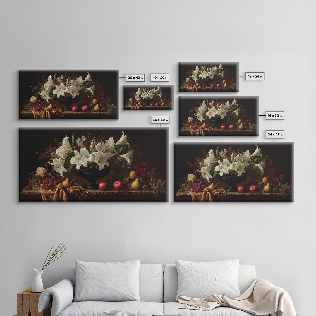 Dramatic White Lilies Framed Canvas Print, Baroque Art, Painting, Living Room Decor, Fine Art, Ornate, Living Room Wall Art, BAO-2x1-56