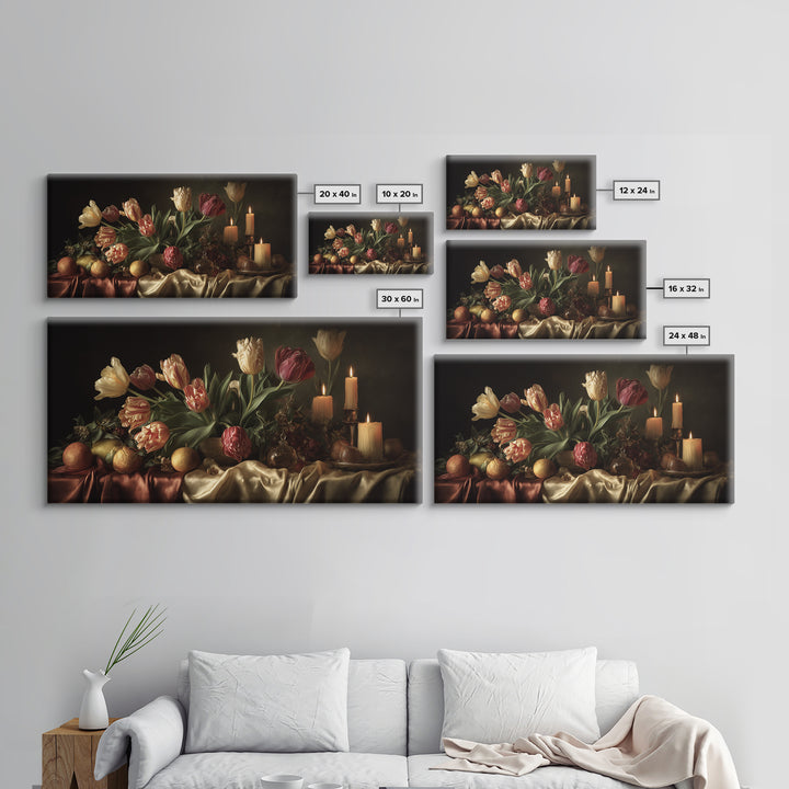 Black Background Tulips Framed Canvas Print, Baroque Art, Decor, Living Room Decor, Oil Painting, Ornate, Moody Wall Art, BAO-2x1-60