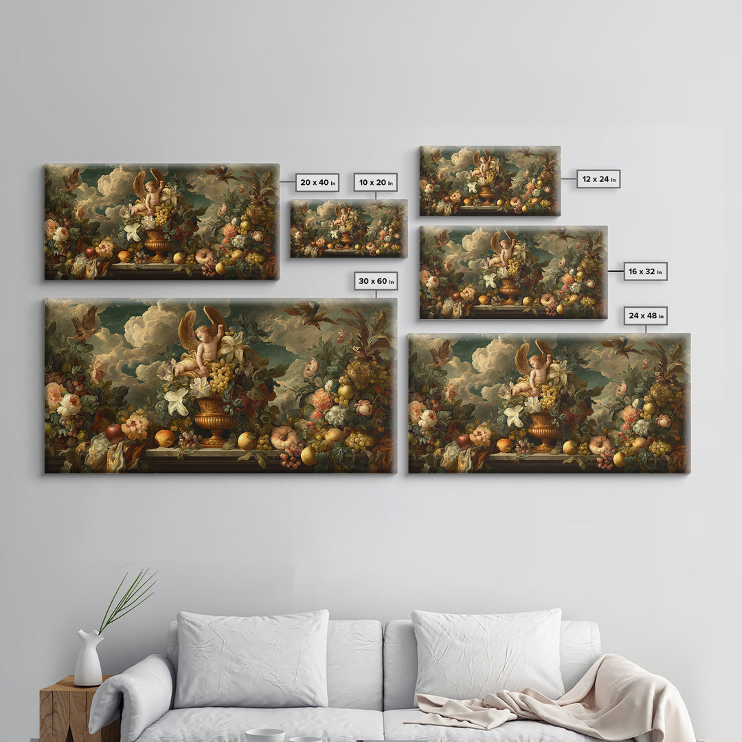Ornate Cherub Figure Surrounded by Clouds and Canvas Print, Baroque Art, Luxury Decor, Living Room Decor, Fine Art, Ornate, BAO-2x1-70