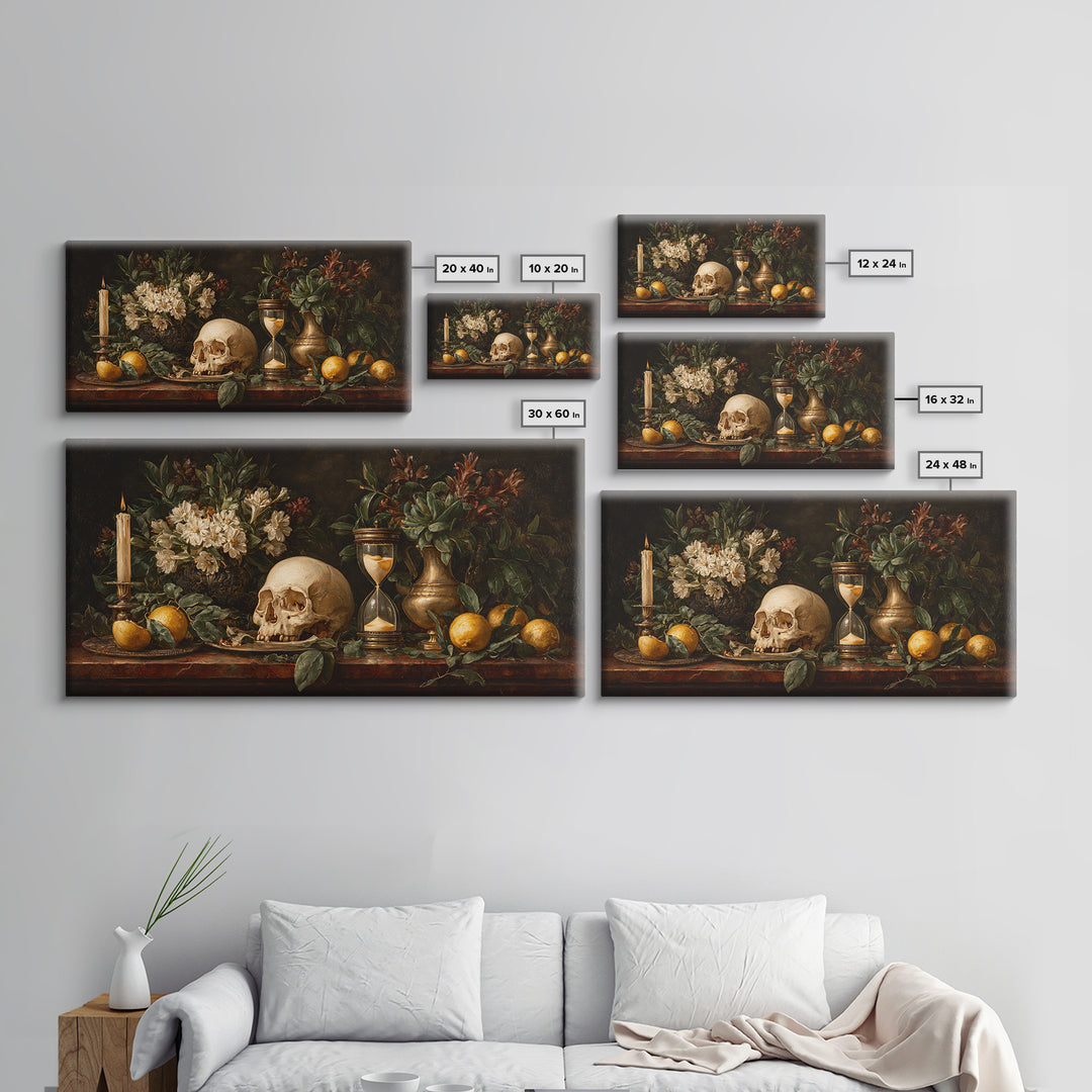 Skull and Hourglass Vanitas Still Life Canvas Print, Baroque Art, Luxury Decor, Living Room Decor, Ornate, Oil Painting, BAO-2x1-73