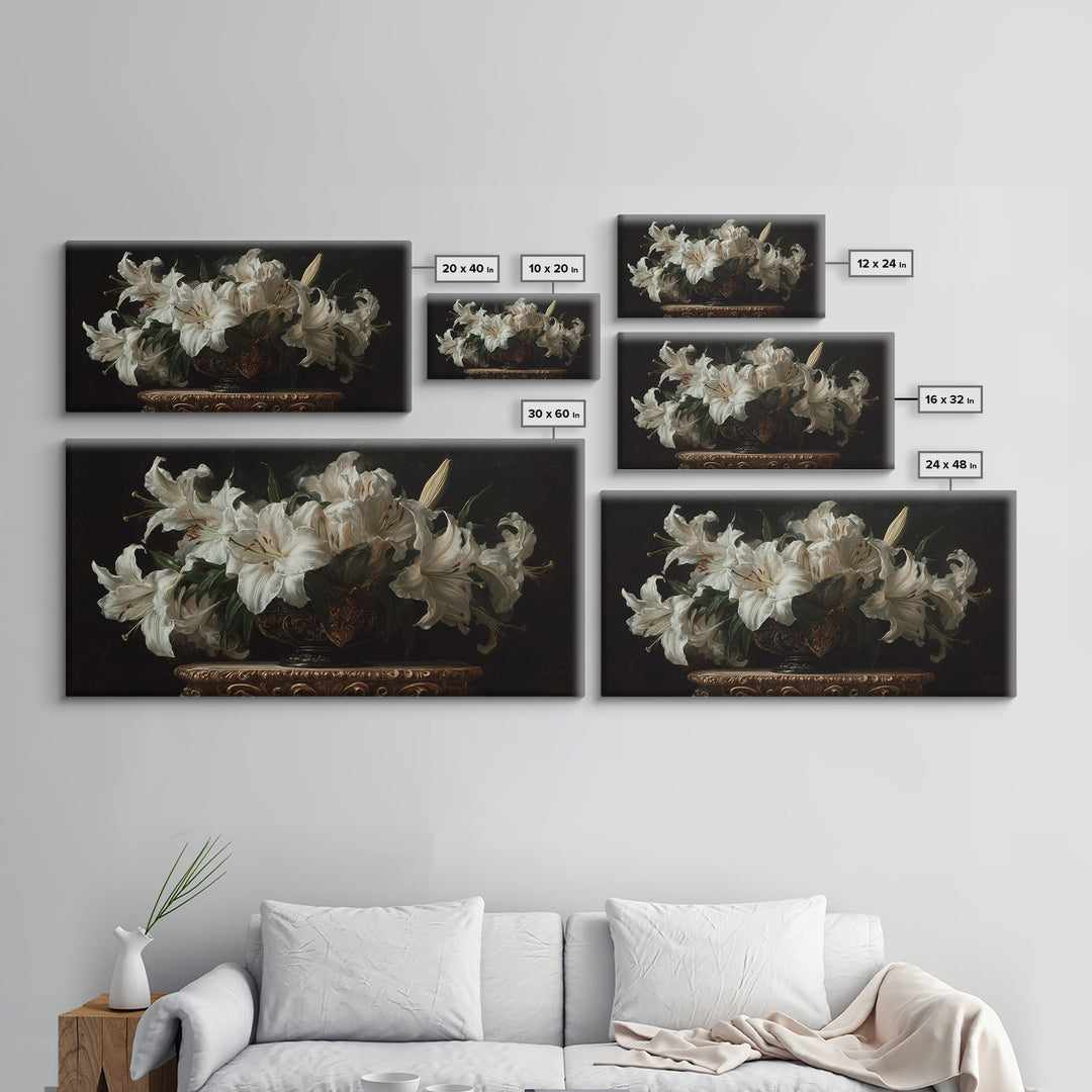 Dramatic White Lilies Framed Canvas Print, Baroque Art, Modern Wall Art, Living Room Decor, Fine Art, Ornate, Feminist Art, BAO-2x1-80