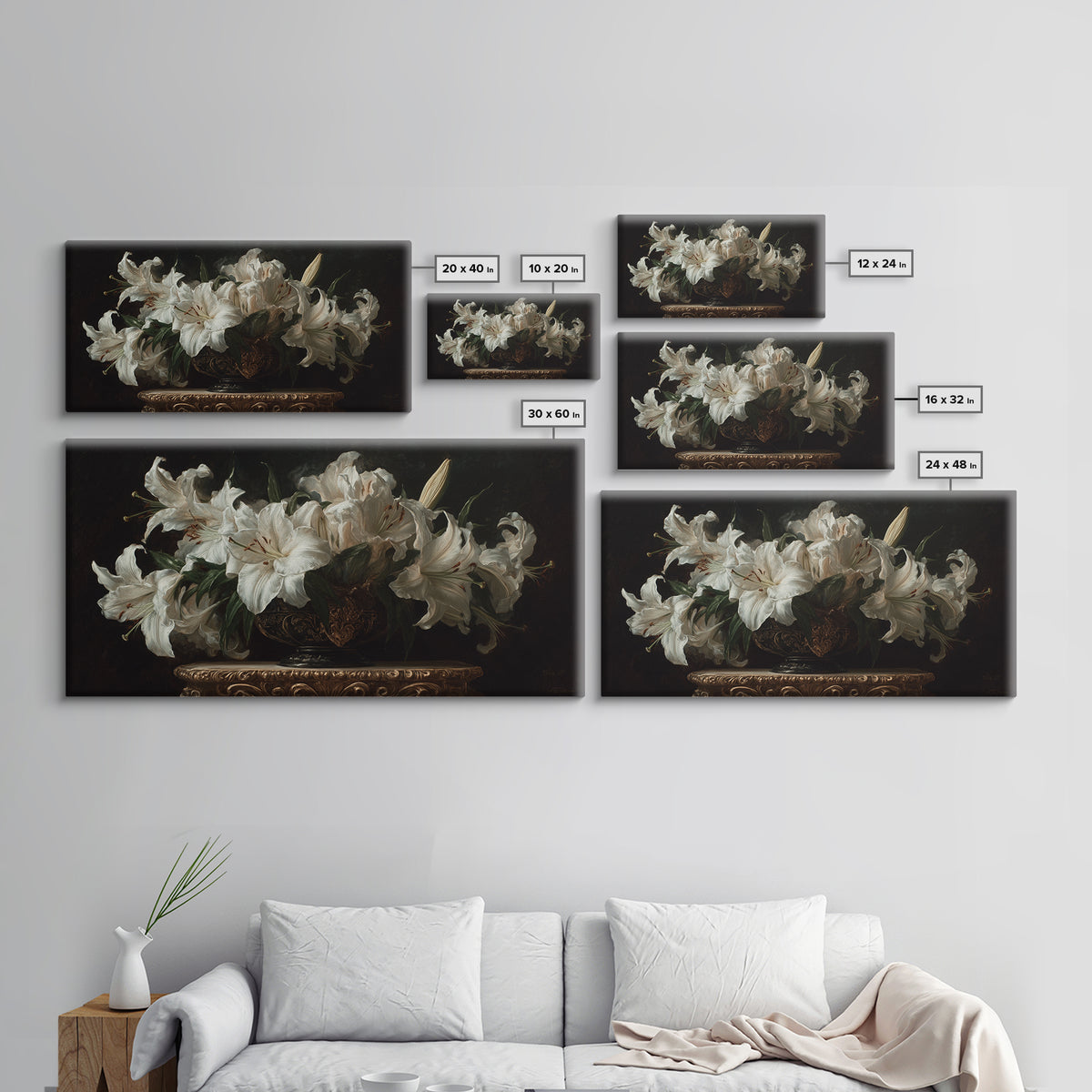 Dramatic White Lilies Framed Canvas Print, Baroque Art, Modern Wall Art, Living Room Decor, Fine Art, Ornate, Feminist Art, BAO-2x1-80