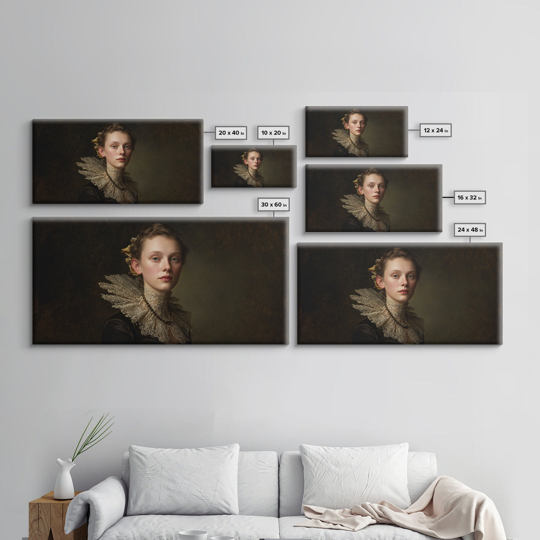 Classical Portrait with Lace Collar and Jewel Framed Canvas Print, Baroque Art, Oil Painting, Living Room Decor, Ornate, BAO-2x1-99