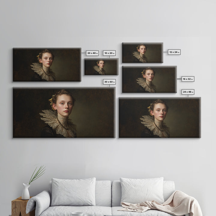Classical Portrait with Lace Collar and Jewel Framed Canvas Print, Baroque Art, Oil Painting, Living Room Decor, Ornate, BAO-2x1-99