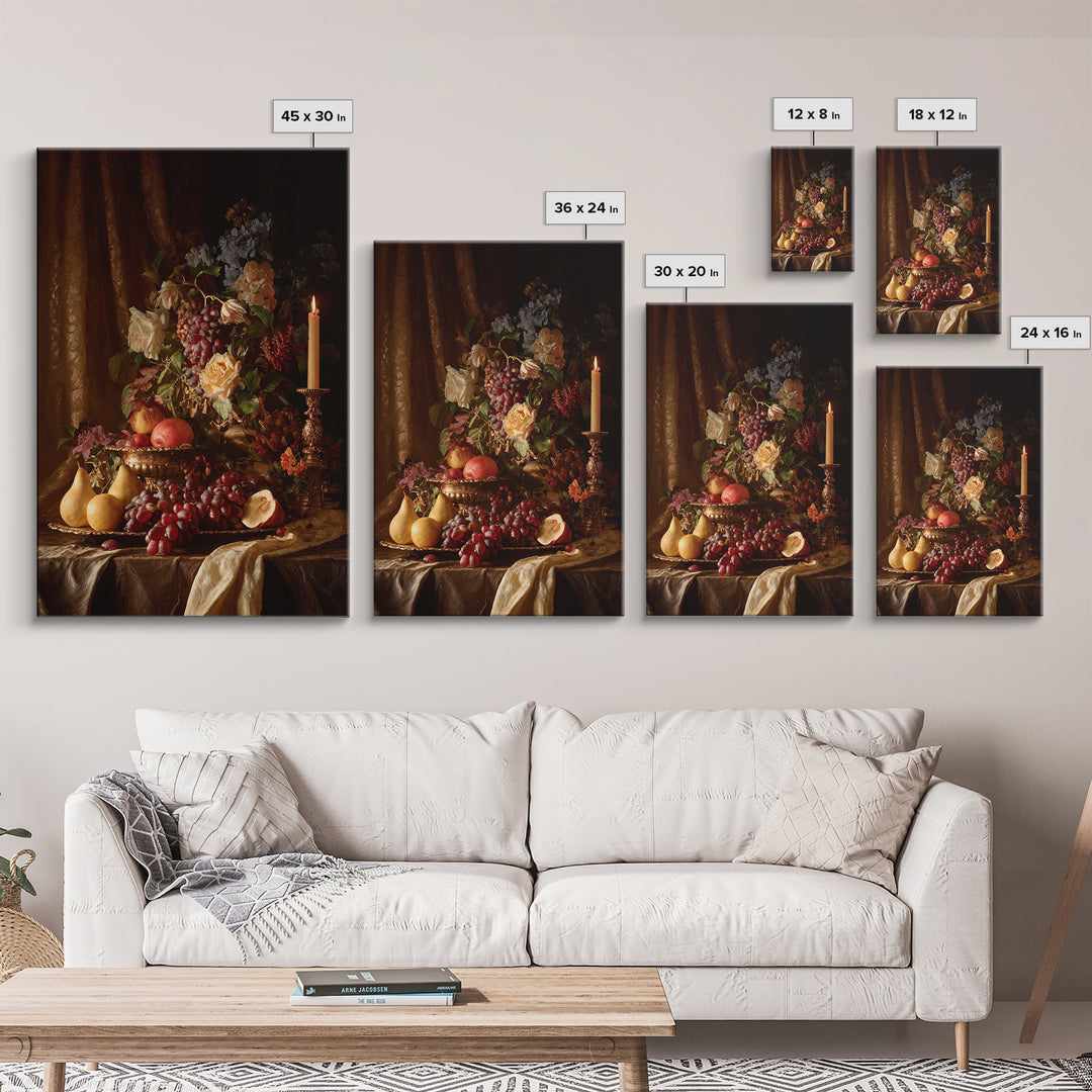 Lavish Banquet Fruit Composition Framed Canvas Print, Baroque Art, Eclectic Wall Art, Living Room Decor, Fine Art, Ornate, BAO-2x3-100