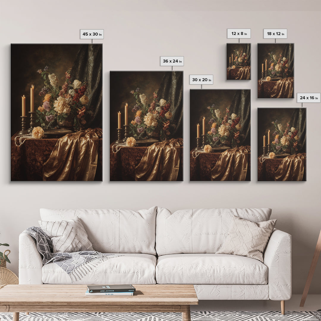 Velvet Drapery with Pearls Flowers and Candlelight Canvas Print, Baroque Art, Printable Art, Living Room Decor, Ornate, BAO-2x3-11
